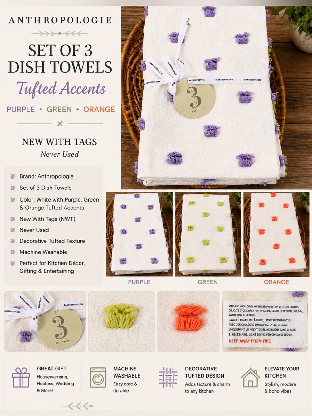 Anthropologie Set of 3 Tufted Dish Towels White Purple Green Orange NWT